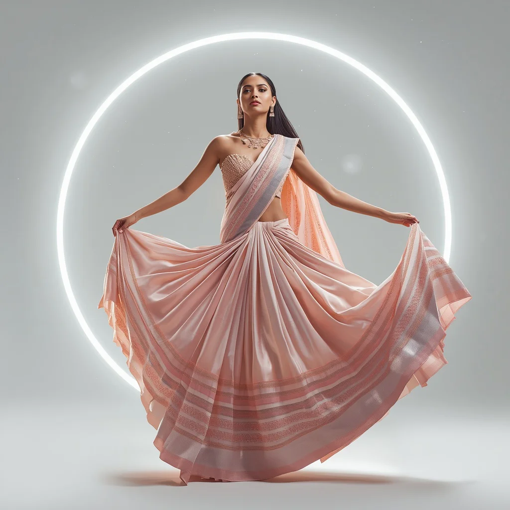 Ultra Luxury Floating Silk Quantum Aurora Supreme Halo Saree Couture with Anti-Gravity Spiral Pose and Infinite White Starfield Background | chat gpt prompt for saree look - Artistic Girl's Saree AI Prompts for Creative Conceptual Photography AI Prompt