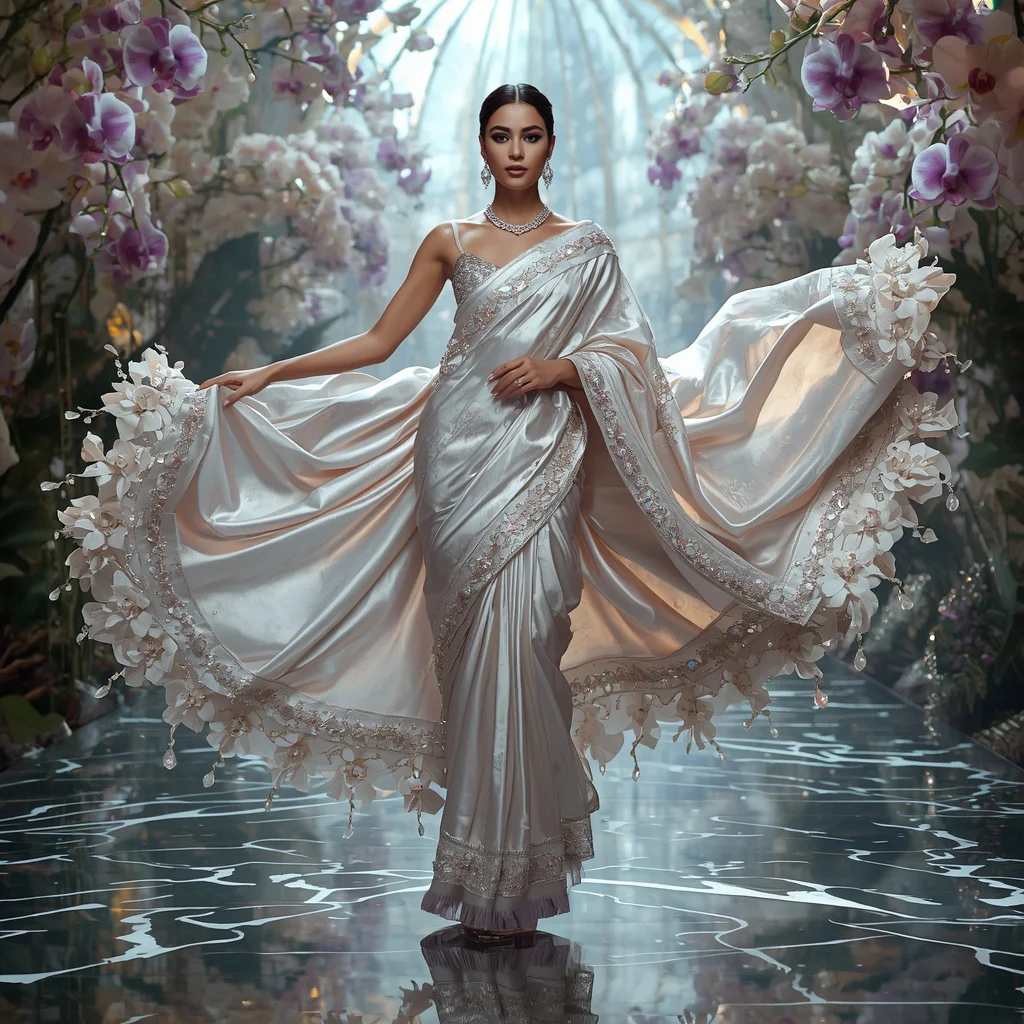 Ultra Luxury Quantum Crystal Orchid Empire Saree | prompt for girls college instagram - New 10 Designer Net Saree AI Prompts for Contemporary Fashion Campaigns AI Prompt