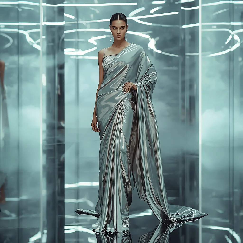 Ultra Mirror Chrome Infinity Liquid Silk Saree with Floating Reflective Space Studio Runway Concept Design | prompts for saree look - Best 10 Bridal Banarasi Saree AI Prompts for North Indian Wedding Elegance AI Prompt