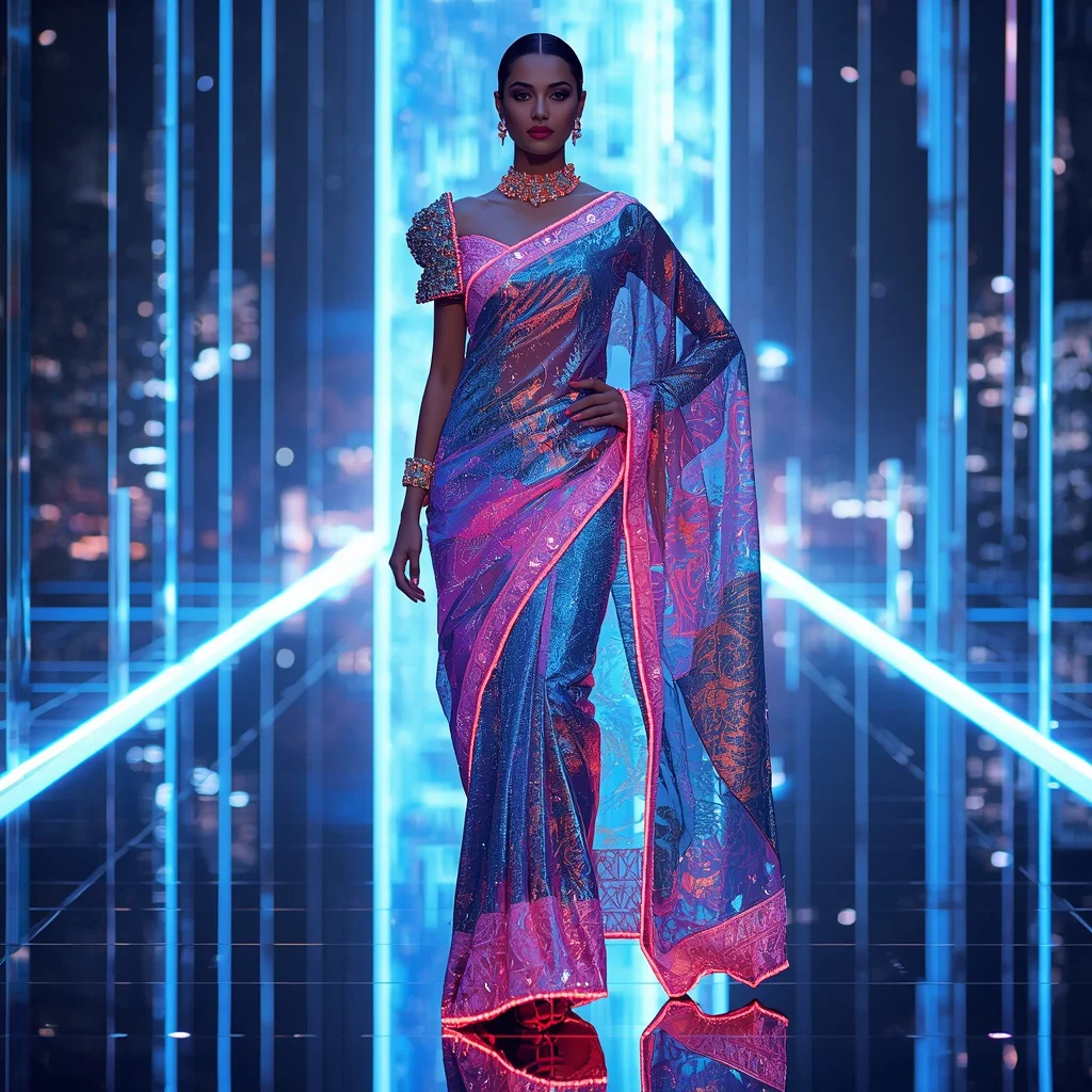 Ultra Neon Galaxy Mirror Infinity Cyber Saree with Floating Prism Metropolis Fashion Walk Scene | chatgpt photo editing prompts for girl traditional - Candid Girl's Saree AI Prompts for Authentic Cultural Moments AI Prompt