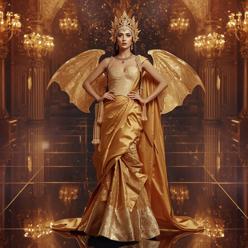Ultra Premium Golden Dragon Queen Saree Couture with Imperial Crystal Galaxy Palace Background | prompt for girls college aesthetic - Cute Child Saree AI Image Prompts for Playful Childhood Memories AI Prompt