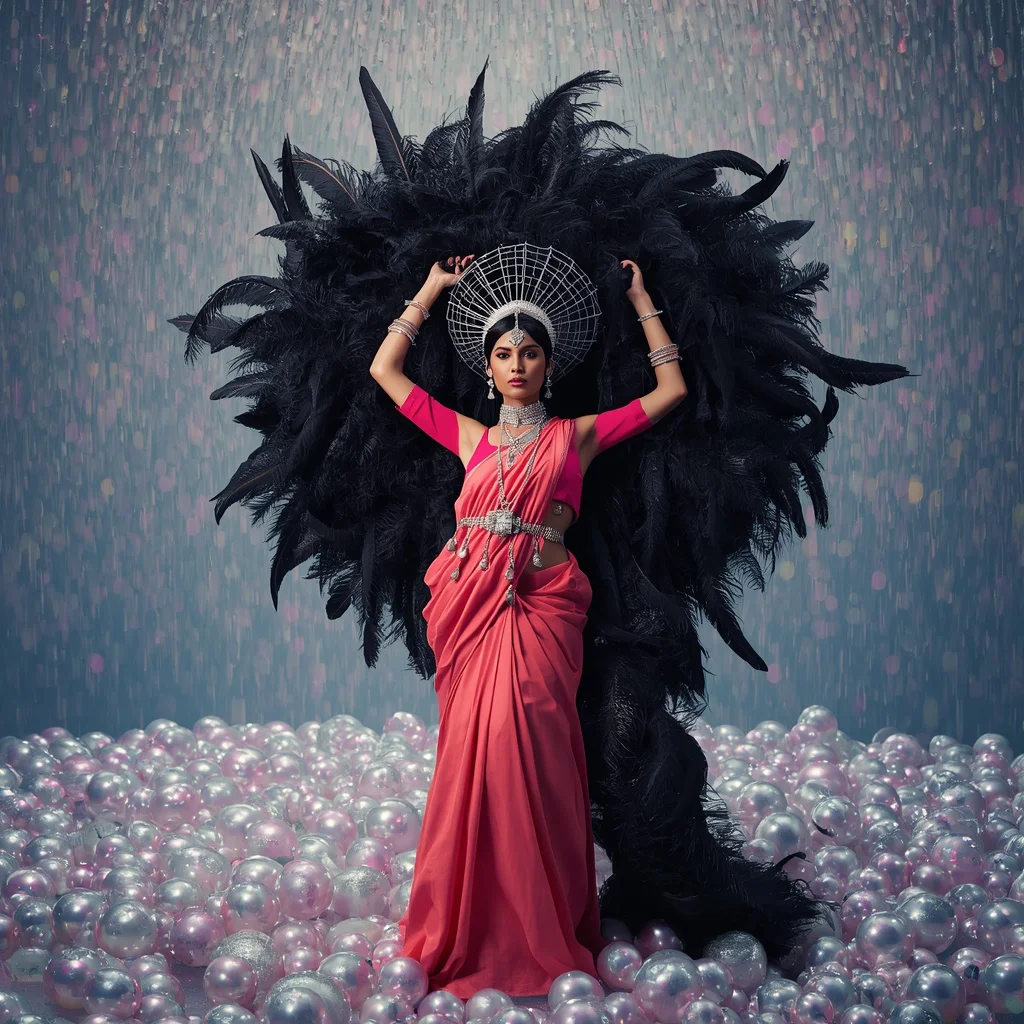 Wire-Frame Pallu with Dense Ostrich Feather Saree: Coral | The Over-the-Shoulder Boulder Carry Pose | Raining Pastel Pearls | prompt for girl in saree pic chatgpt - Best 10 South Indian Silk Saree AI Prompts for Grand Wedding Photography AI Prompt